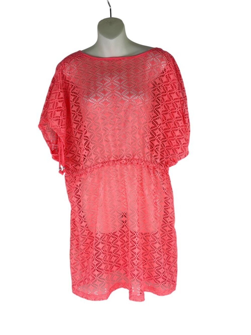 Miken Neon Coral Crochet Knit Beach Cover Up Dress Resortwear Tunic Plus Size